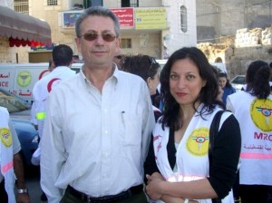 Amineh Ayyad, right, with Dr. Mustafa Barghouthi, during community solidarity work in the Palestinian village of Nilin. Barghouthi, president of the Palestinian Medical Relief Society and one of the most prominent leaders of the Palestinian struggle, has been nominated for the 2010 Nobel Peace Prize.